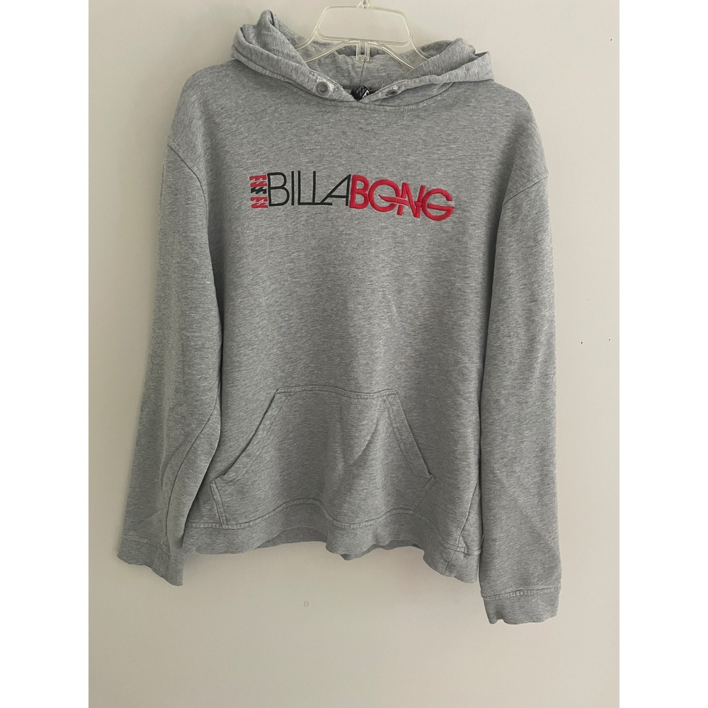 Vintage 90s Billabong Mens Gray Logo Pullover Hoodie Sweatshirt Large